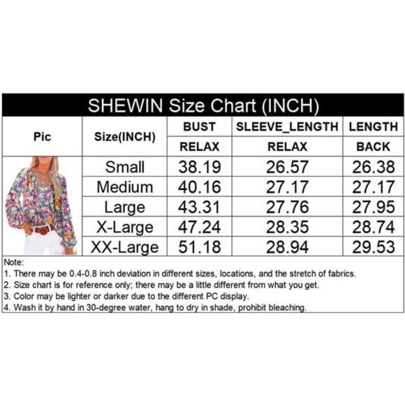 Women's Boho Floral V-Neck Blouse‎ - Casual Long Sleeve Loose Fit Shirt Top - Picture 3 of 4